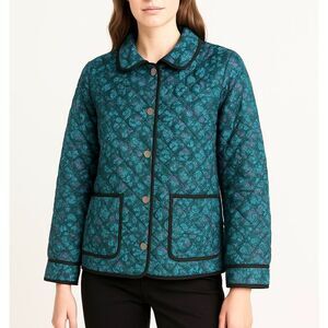 Carlisle Collection Blue Floral Snap Front Collared Silk Quilted Jacket Size 12
